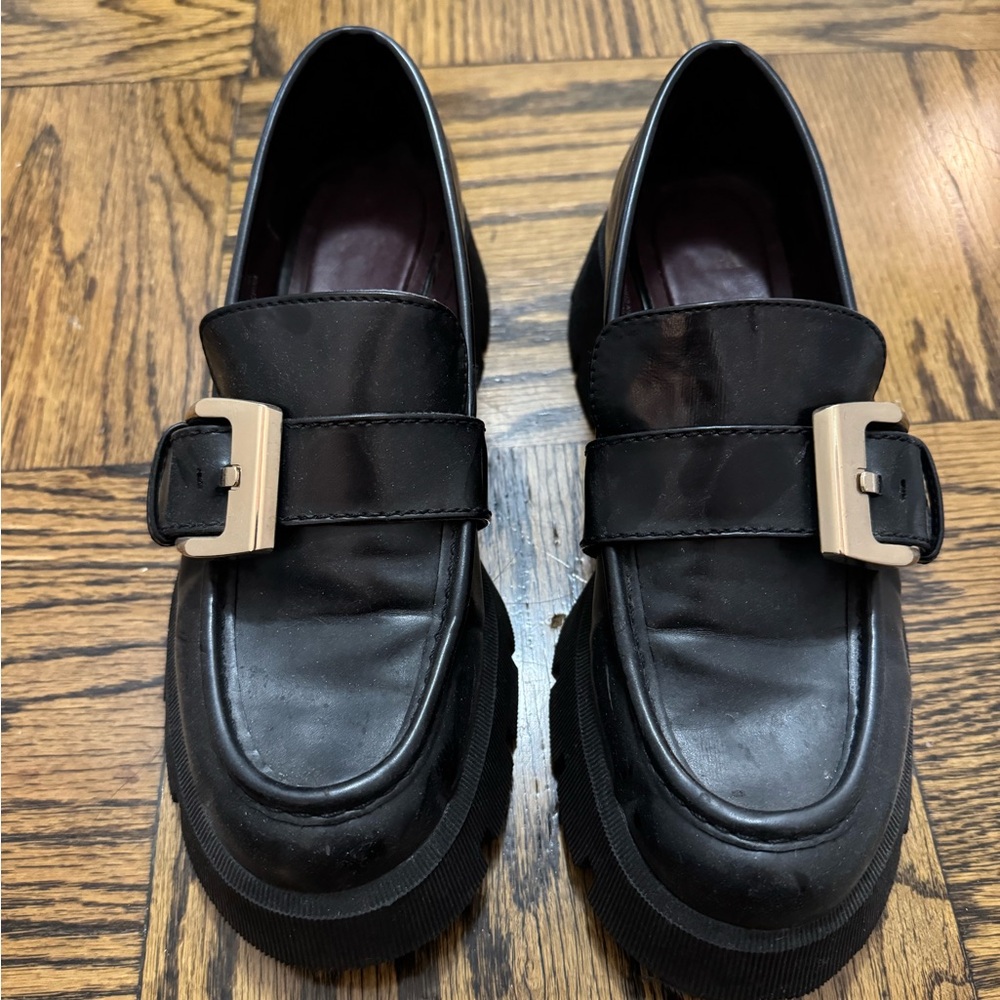 Black zara lug sole loafers with gold buckle